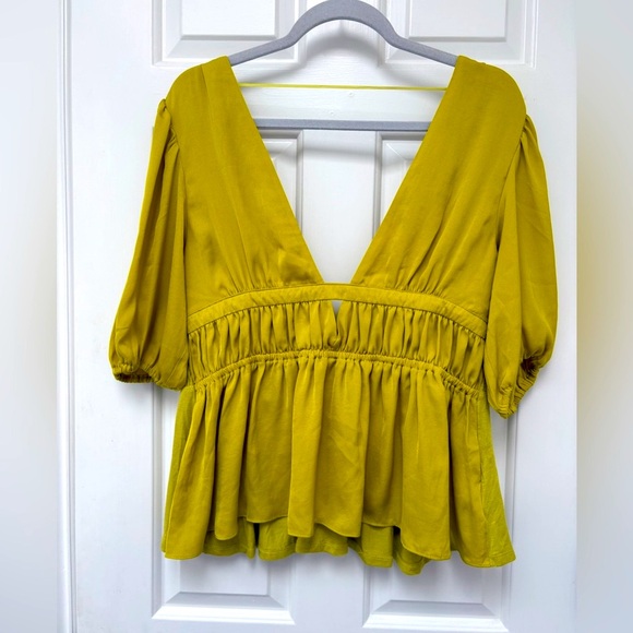 Anthropologie Tops - Anthropologie Yellow Green Deep V Peplum Blouse